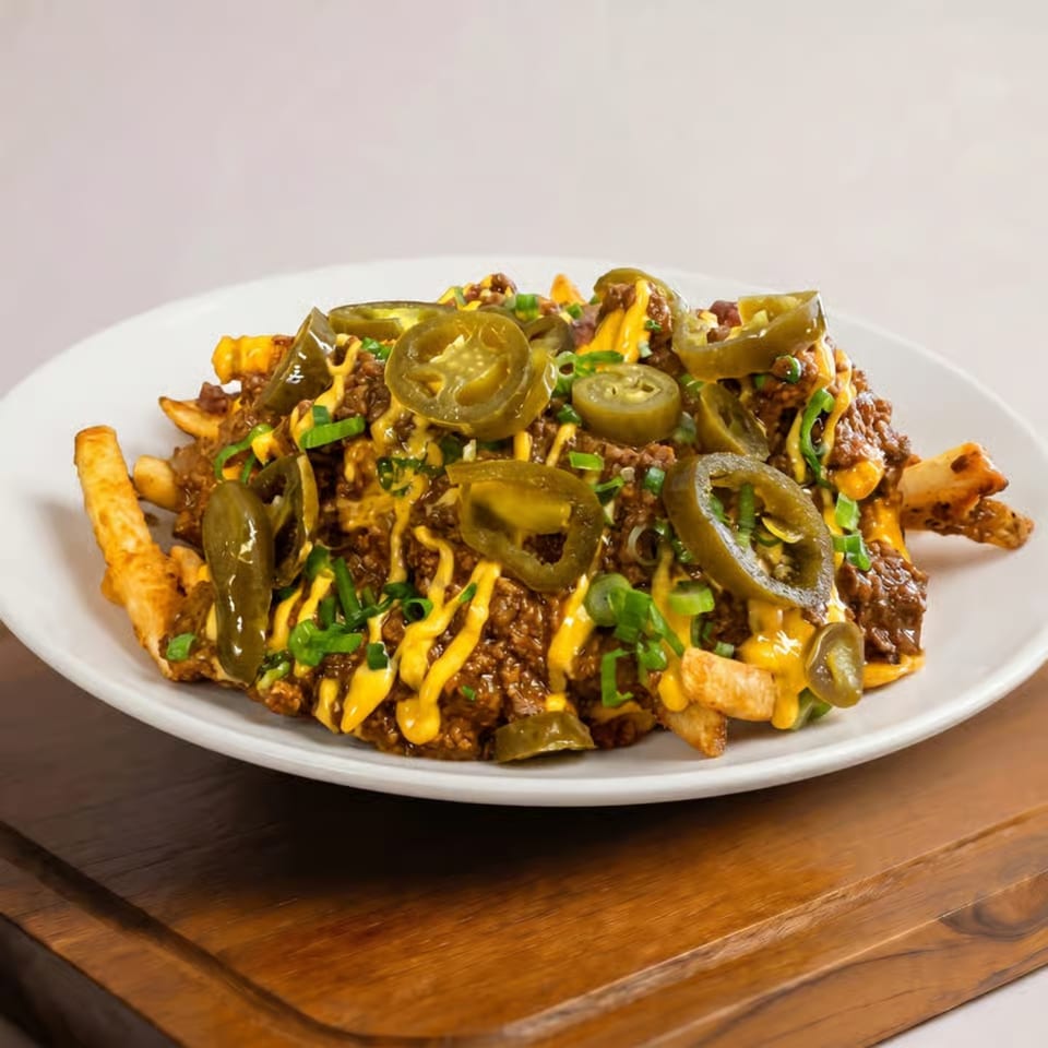 Loaded fries topped with ground beef, melted cheese, sliced jalapeños, and green onions on a white plate.