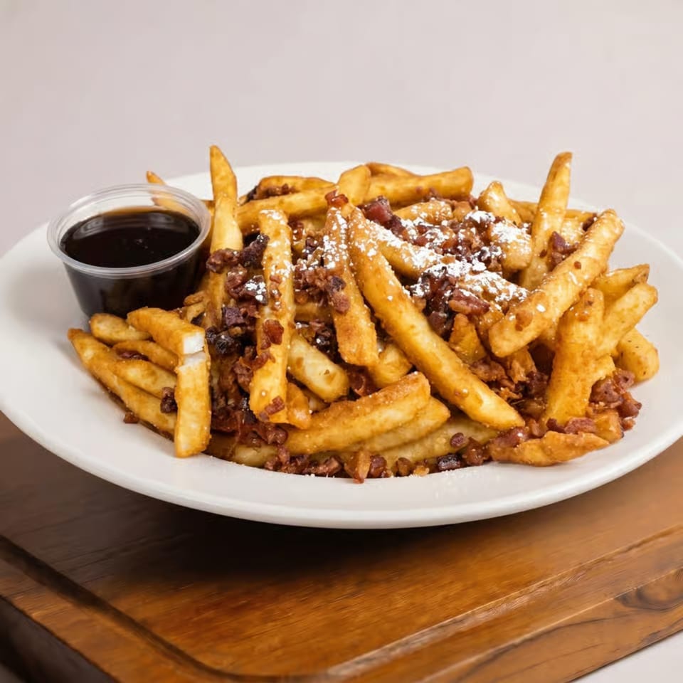 Loaded plate of seasoned fries topped with bacon bits and powdered cheese, served with dark dipping sauce on a wooden table.