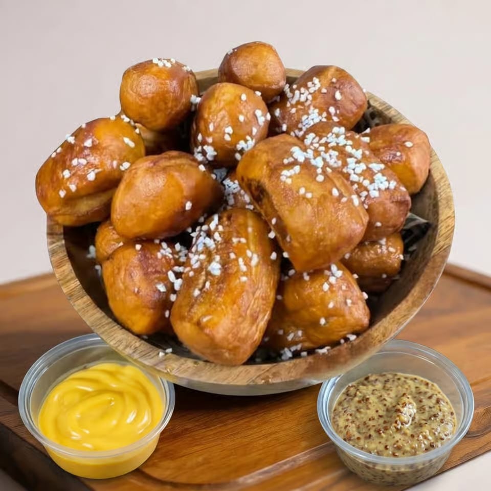 Basket of golden pretzel bites sprinkled with salt, served with yellow cheese sauce and whole-grain mustard.