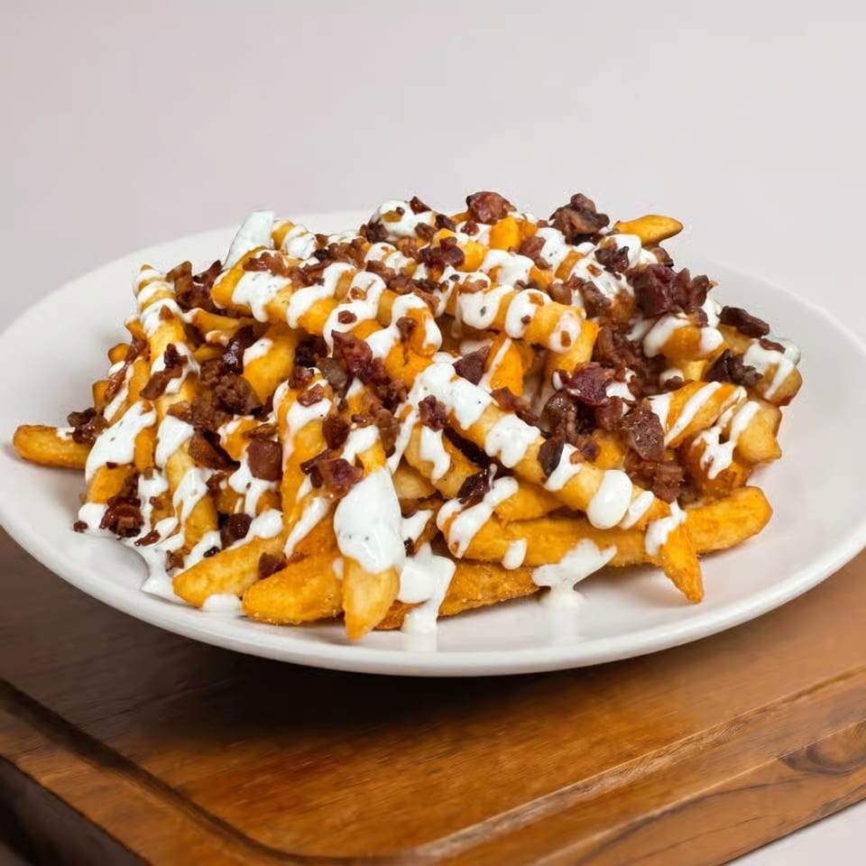 Loaded fries topped with creamy white sauce, melted cheese, and crispy bacon on a white plate.