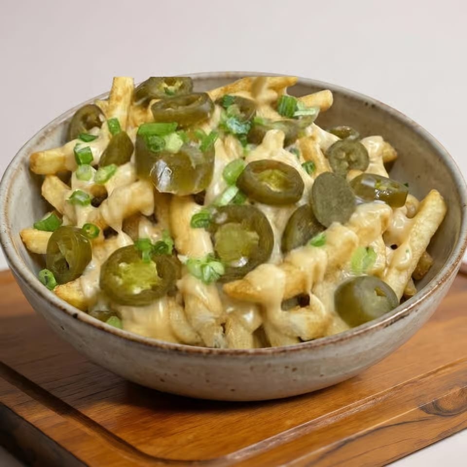 Bowl of cheesy nachos topped with sliced jalapeños and chopped green onions on a wooden table.